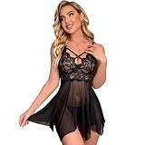 QKEPCY Lingerie Sexy Femme Nuisette en Dentelle Transparente avec Bretelles Croisées Col en V Corsage Babydoll Chemise de Nuit avec String Tenue de Nuit Sexy (Noir S)