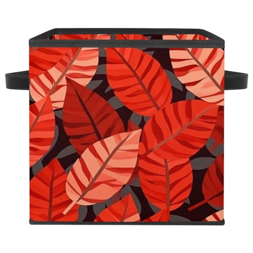 Panier d'organisation durable à motif feuilles rouges et poignée cuir