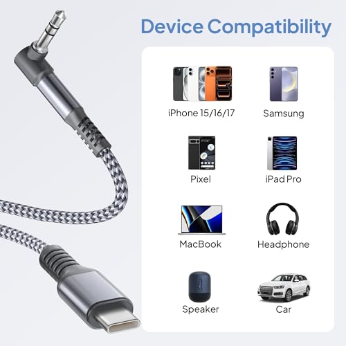 Image of Elebase iPhone 17 17e 16 Aux Cord 4FT,USB C Aux Cable 90 Degree,Type C to Right Angle 3.5MM Audio Auxiliary Cord for Car,New Apple 15 Pro Max Plus,Samsung Galaxy S26 S25 S24 Ultra A56,Z Fold Flip 6 7