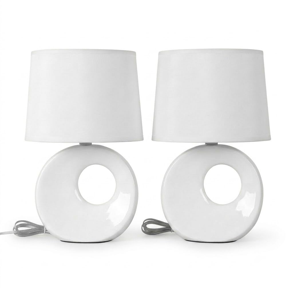 Coppia Abat Jour Camera da Letto Set 2 Lumetti Comodino Ceramica Bianca e Paralume in Tessuto Moderni Lampade da Tavolo Attacco Piccolo E14 Max 40W Altezza 27cm per Soggiorno camerette eleganti