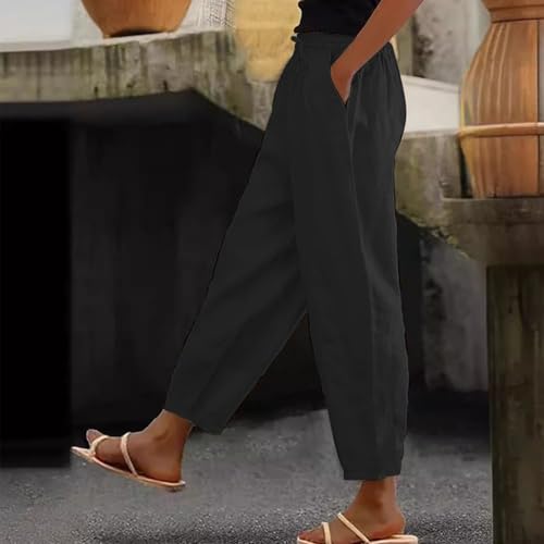 Linen Pants Women Summer High Elastic Waist Drawstring Palazzo Pants Straight Leg Slacks with Pockets2
