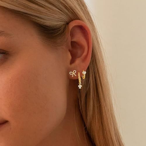 Image of Gold Earrings for Women, 14k Gold Plated Dangle Huggie Earrings for Women Trendy Dainty Gold Hoop Earring Stacks Hypoallergenic Pearl Chain Drop Cartilage Earring Fashion Womens Jewelry
