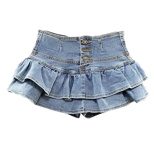 Mini Skirts for Women Summer High Waist Single-Breasted Pleated Ruffles Denim Jean Skirt Solid Color with Pockets2