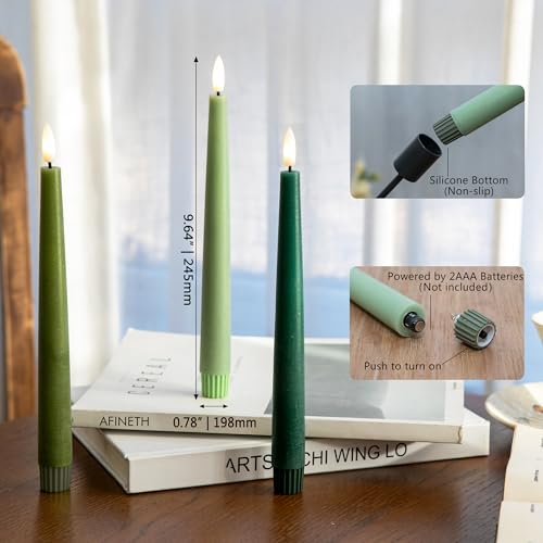 Image of Green Flameless Taper Candles, 9.6 inch Real Wax Battery Operated Candles with Remote, 3 Pack Flickering, Gradient Candlesticks, Fake Candle for Home, Wedding, Party Decor