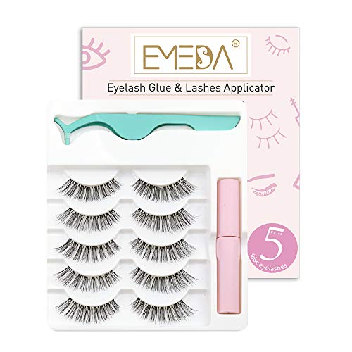 Fake Eyelashes Natural Look 5 Pairs wispies eyelash 3D False Lashes Small Face Eyelashes Short Soft Reusable Transparent Band Eye Lash 1 Pack with Glue and Applicators by EMEDA