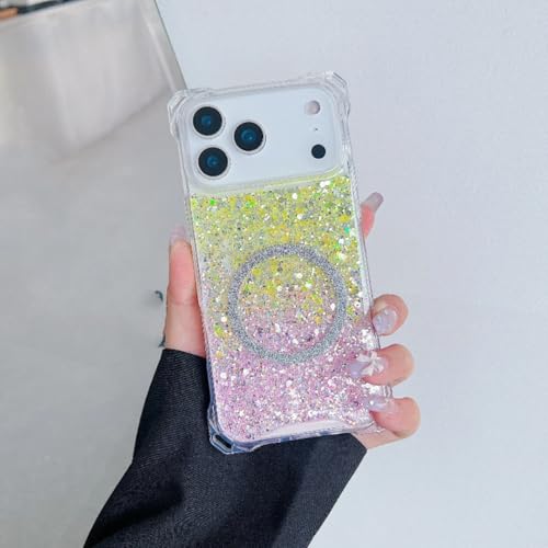 Coque iPhone 15 Jaune-Rose pailletée et compatible chargeur magnétique