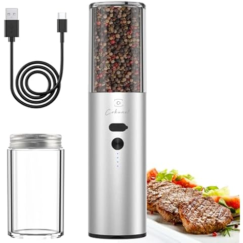 COKUNST Newly Upgraded Electric Salt or Pepper Grinder, USB Rechargeable Pepper Grinder with 6.26Oz Lagre Capactiy Visual Silo & Suction Dust Cover, Automatic Pepper Grinder Mill Pepper Shaker Cover