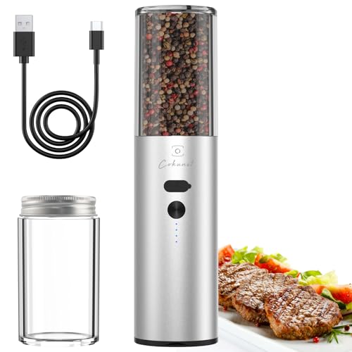 COKUNST Newly Upgraded Electric Salt or Pepper Grinder, USB Rechargeable Grinder with 6.26Oz Lagre Capactiy Visual Silo & Suction Dust Cover, Automatic Mill Pepper Shaker