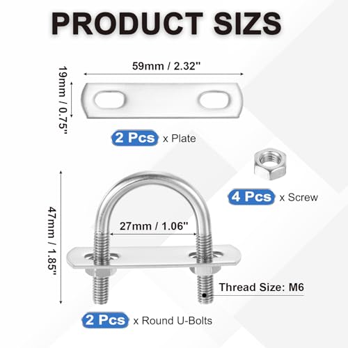 Image of PATIKIL Round U-Bolts, 2 Pcs 1.06 inch(27mm) Inner Width 47mm Length M6 with Nut Plate Washer 304 Stainless Steel Round Bend U-Bolts for Boat Trailer Axle Sailboat