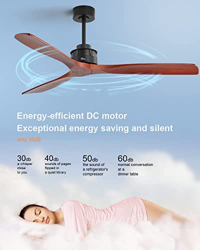 Caci Mall 52''Ceiling Fan Without Lights, Remote Control, Wood Modern Retro Flush Mount Ceiling Fan For Indoor Outdoor， Bedroom, Dining Room, Patio, Living Room, Farmhouse, Office #TOP3