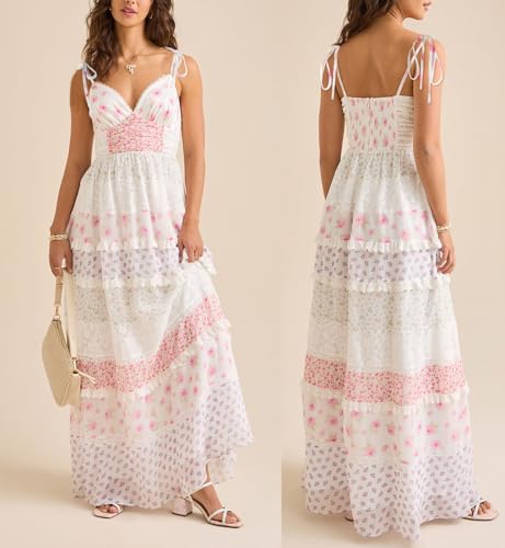 Image of SOOKABEILA Women Y2k Boho Maxi Dress Floral Lace Sheer Tiered Flowy Cami Long Dress 2025 Summer Smocked Beach Sundress