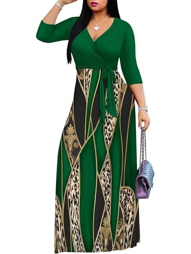 Image of Plus Size Dresses for Women Print Maxi Dresses 3 /4 Sleeve with Belt