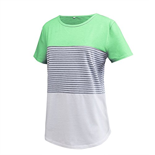 Asylvain Basic Crew Neck T Shrit with Light Green Stripped Color Block Design for Women and Teen Girls, Small