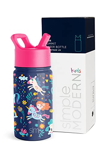 Simple Modern Kids Water Bottle with Straw Lid | 14oz Insulated Stainless Steel Kids Tumbler & Spill Proof Toddler Cup for School, Girls, Boys | Summit | Unicorn Rainbows