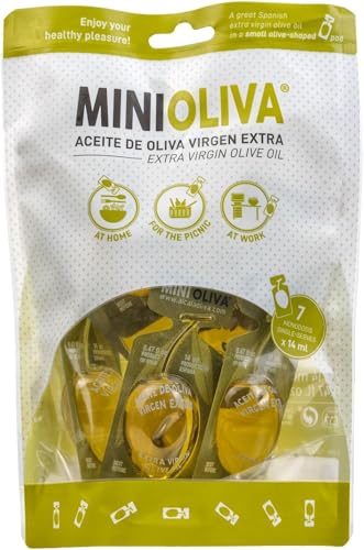 MINIOLIVA Aceite de Oliva Virgen Extra - 7 Dosis Individuales de 14 ml, Perfecto para Casa, Trabajo y Picnic con Empaque Ecológico y a Prueba de Fugas