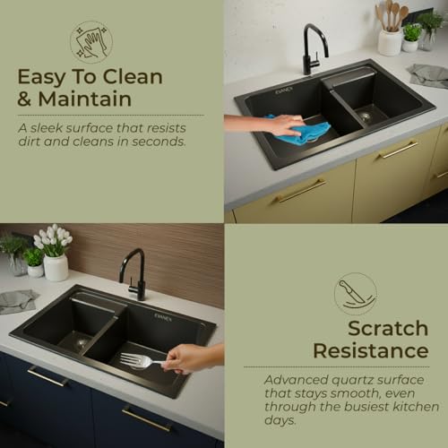 Image of EVANEX Quartz Kitchen Sink | 31x18x9 Inch Double Bowl Sink for Kitchen | Granite Topmount /Undermount Kitchen Sinks | Black Double Sink with Connector, Waste Pipe, Coupling and Drain Basket