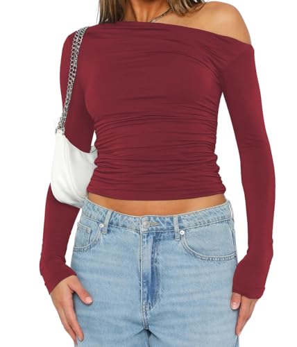OYIGELZ Damen Langarmshirt Slim Fit Tops Langarm Oberteile Einfarbig Pullover Casual Tshirts Streetwear(Weinrot,S)