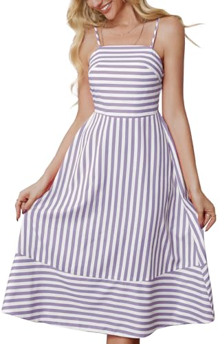 Image of Women's Striped Sleeveless A Line Beach Summer Dress Spaghetti Strap Backless Smocked Cutout Ruffle Midi Dresses Purple