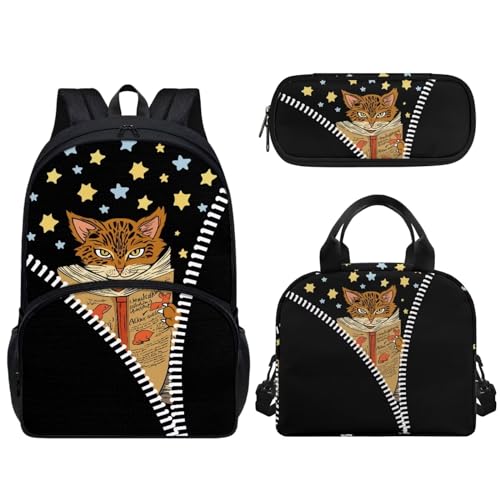 Set di 3 borse per la scuola per bambini e ragazze grande capacità con cerniera a spalla contenitore per il pranzo a tenuta stagna portapranzo Stella di gatto