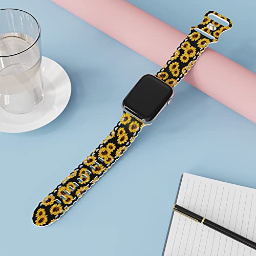 Image of Compatible with Apple Watch Band 41mm 40mm 38mm 49mm 45mm 44mm 42mm Women Girl, Sunflower Print Lace Hollow-out Soft Silicone Sport Bands For iWatch Ultra SE Series 10 9 8 7 6 5 4 3 2, SunflB-42