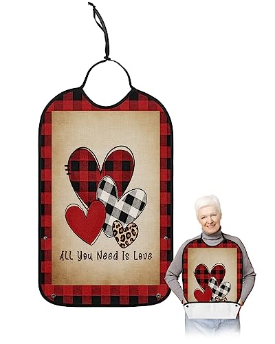 Valentine Love Heart Adult Bibs for Eating, Waterproof Bibs with Food Catcher & Adjustable Snap Closure, Vintage Red Black Checkered Washable Clothing Protectors Adult Bibs for Elderly Women/Men