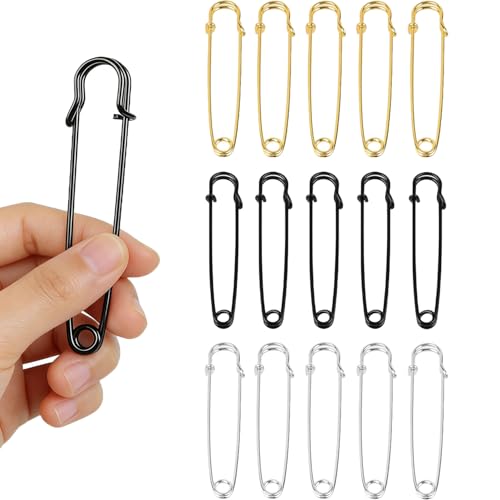 15 PCS Grandes Épingles à Nourrice Extra Larges, 10 cm Grosse Épingle de Sûreté, avec Fermeture à Ressort, pour Vêtements Cuir Artisanat Toile Couvertures Écharpes Kilts (Argent/Or/Noir)