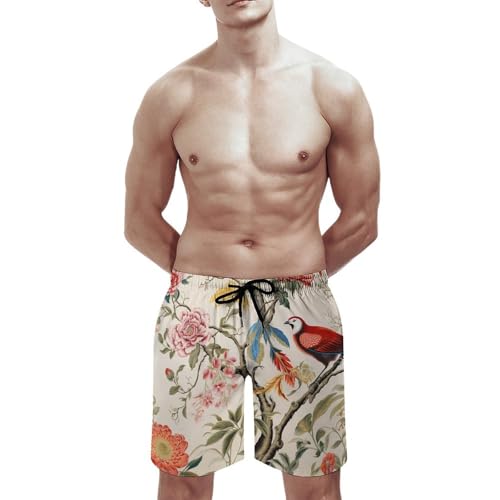 Mens Swim Trunks with Mesh Lining Flowers and Birds Beach Shorts Quick Dry Drawstring Board Shorts with Pocket2