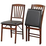 COSTWAY Folding Dining Chairs Set of 2, Upholstered Wooden Dining Room Chairs with PVC Padded Seat, Solid Wood Frame and 400LBS Capacity for Kitchen Apartment (Black & Brown)