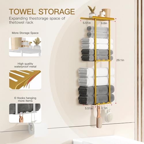 KISENG Towel Racks for Bathroom, 3 Tier Metal Towel Holder, with Shelf & 6 Hooks, 29 inch Wall Mounted Towel Storage, 6 Large Bath Towels Capacity,Small Bathroom Towel Rack for Rolled Towels, Gold by KISENG - Image 3