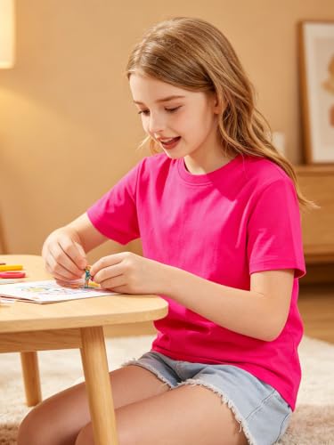 Image of HOTIAN Girls T Shirts 100% Cotton Short Sleeve Tops Kids Summer Casual Crewneck Basic Tees 3-14 Years