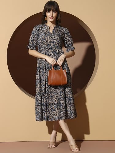 Image of KZULLY | Dress for Women | Midi Dress | Floral Printed | Polyester Fabric | Bell Sleeve Ethnic A-Line | Tiered Fit & Flare | Casual & Festive
