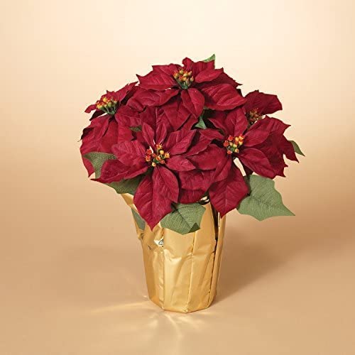 Tenwaterloo 15 Inch Potted Red Poinsettia Plant - Artificial Christmas Poinsettia Plant In Gold Foil Wrap #TOP1