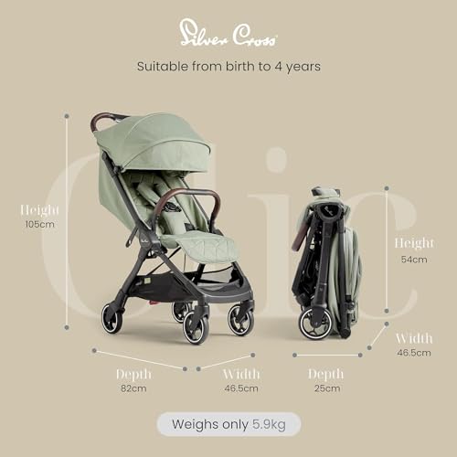 Image of Silver Cross Stroller - Clic Compact Pushchair, Travel-Friendly, Cabin Size, Foldable & Lightweight Stroller | 5 Point Safety Harness, Multi Recline Seat, Anti Crease Fabric | Newborn to 4yrs, Sage