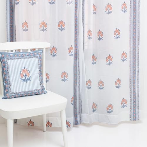 Image of Peepul Tree Pure Cotton Handprinted Blue and Peach Floral Sheer Curtain | Set of 1 | 8 ft | Inspired by Rajasthan Palaces | Royal Courtyards Collection