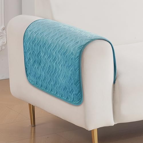 Image of HOKIPO Premium Velvety Quilted Sofa Armrest Covers (Pack of 2)- Anti-Slip, Washable Arm Cover, 'Softline Quilted Series' | Teal Blue (AR-6321-BL*2)
