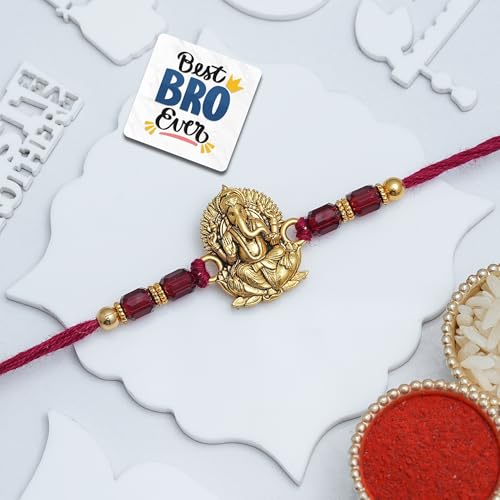 Image of eCraftIndia Ganesh Rakhi for Brother Bhaiya Bhai with Best Bro Ever Fridge Magnet | Roli Chawal Pack