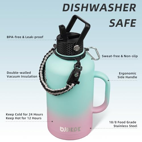 Image of BJPKPK Half Gallon Insulated Water Bottles with Straw Lid & Side Handle, 64oz Large, Stainless Steel Water Bottles with 3 Lids and Paracord Strap, Metal Water Jug,Marshmallow