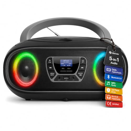 Denver TDB-212GR Boombox CD Dab+/FM Bluetooth, USB MP3, AUX, Prise Casque, écran LCD, éclairage LED, Gris