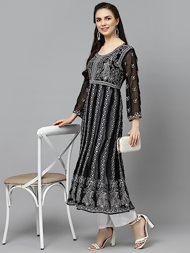 Image of Yashika Women's Chanderi Women Chikankari Long Sleeve Embroidered Anarkali Nayra Kurta(Ys-K1112)