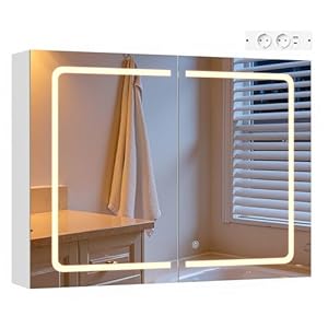 EUGAD Spiegelschrank mit 2 Spiegeltüren, für kleine Wohnungen, 3 einstellbare Farbtemperaturen, mit verstellbaren Einlegeböden und Steckdosen, modern, Weiß, 80 x 60 x 14, 5 cm