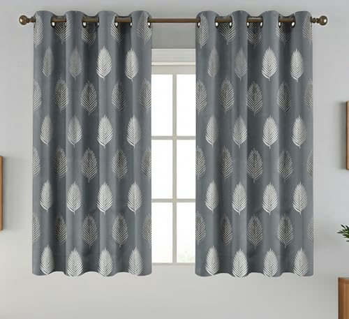 Image of FRESH FROM LOOM Premium Anti-Wrinkle Curtains | 5 Feet | 80% Sun Block | Elegant Jacquard Fabric for Doors & Windows, Luxury Curtain (5ft, Grey Leaf, 2pc Set)
