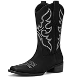 Bybmorto Black Cowboy Boots for Women Square Toe - Mid Calf Western Cowgirl Boots with Embroidery, Pull On Low Chunky Heel Fashion Footwear for Daily Casual Party Country Concert, Size US 9.5