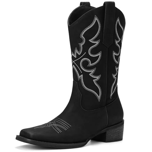 Bybmorto Black Cowboy Boots for Women Square Toe - Mid Calf Western Cowgirl Boots with Embroidery, Pull On Low Chunky Heel Fashion Footwear for Daily Casual Party Country Concert, Size US 9.5