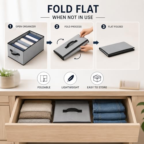 Image of 7 Grids Non Woven Storage Box, Cloths Drawer Organizer Wardrobe Drawer Organizer For Jeans, Tshirt, Leggings, Sweaters Jeans Pants Storage Organizer Box grey