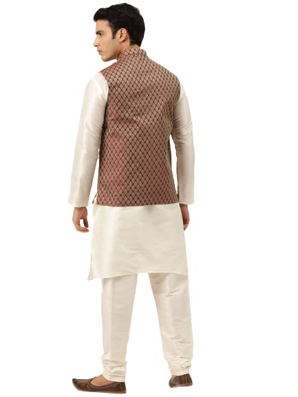 Image of SOJANYA (Since 1958 Men's Silk Blend Off White Kurta Pyjama & Maroon Self Design Nehru Jacket Combo