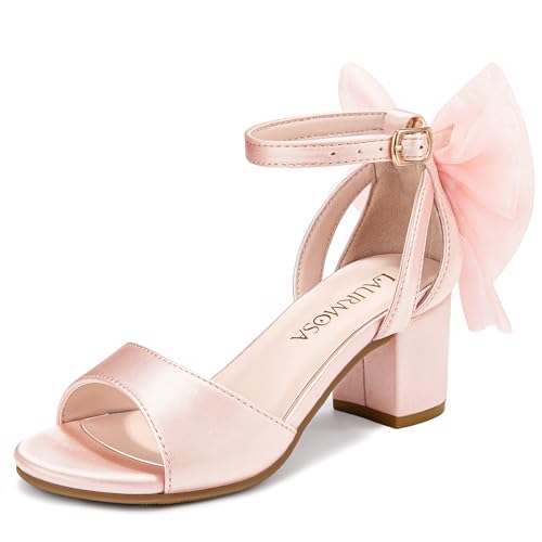 LAURMOSA Pink Dress Shoes for Girls Heels for Girls High Heels for Kids Sandals Size 2 Flower Girl Shoes Dress Sandals Bows Big Girl Wedding Party First Communion Easter Church Dance (L1058SaPink 2)