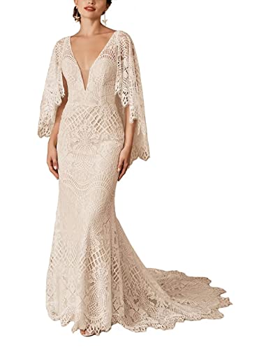 Boho Wedding Dresses for Bride Lace Mermaid Bridal Dress V Neck Cape Sleeve Beach Bohemian Vintage Wedding Gown2