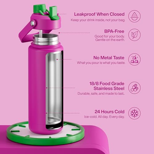 Image of ENCOOL Insulated Water Bottle with Straw Stainless Steel Water Bottle, Leak-Proof, BPA-Free, Double Wall Vacuum Keeps Cold for 24 Hours for Sports, Travel, School (32 oz, Knockout Pink)