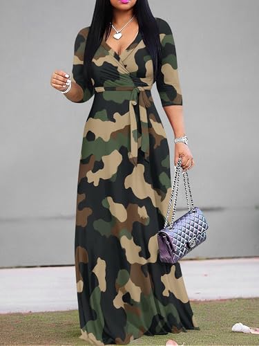 Image of Plus Size Dresses for Women Print Maxi Dresses 3 /4 Sleeve with Belt