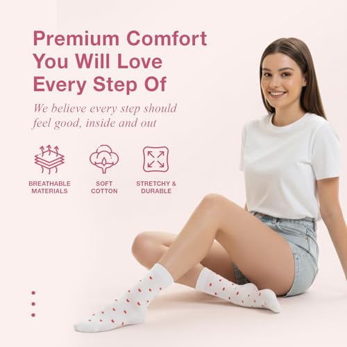 Image of Women's Cute Heart Pattern Crew Socks - 3 Pairs Colorful Novelty Gift Set - Soft Cotton Cozy Socks for Casual Wear